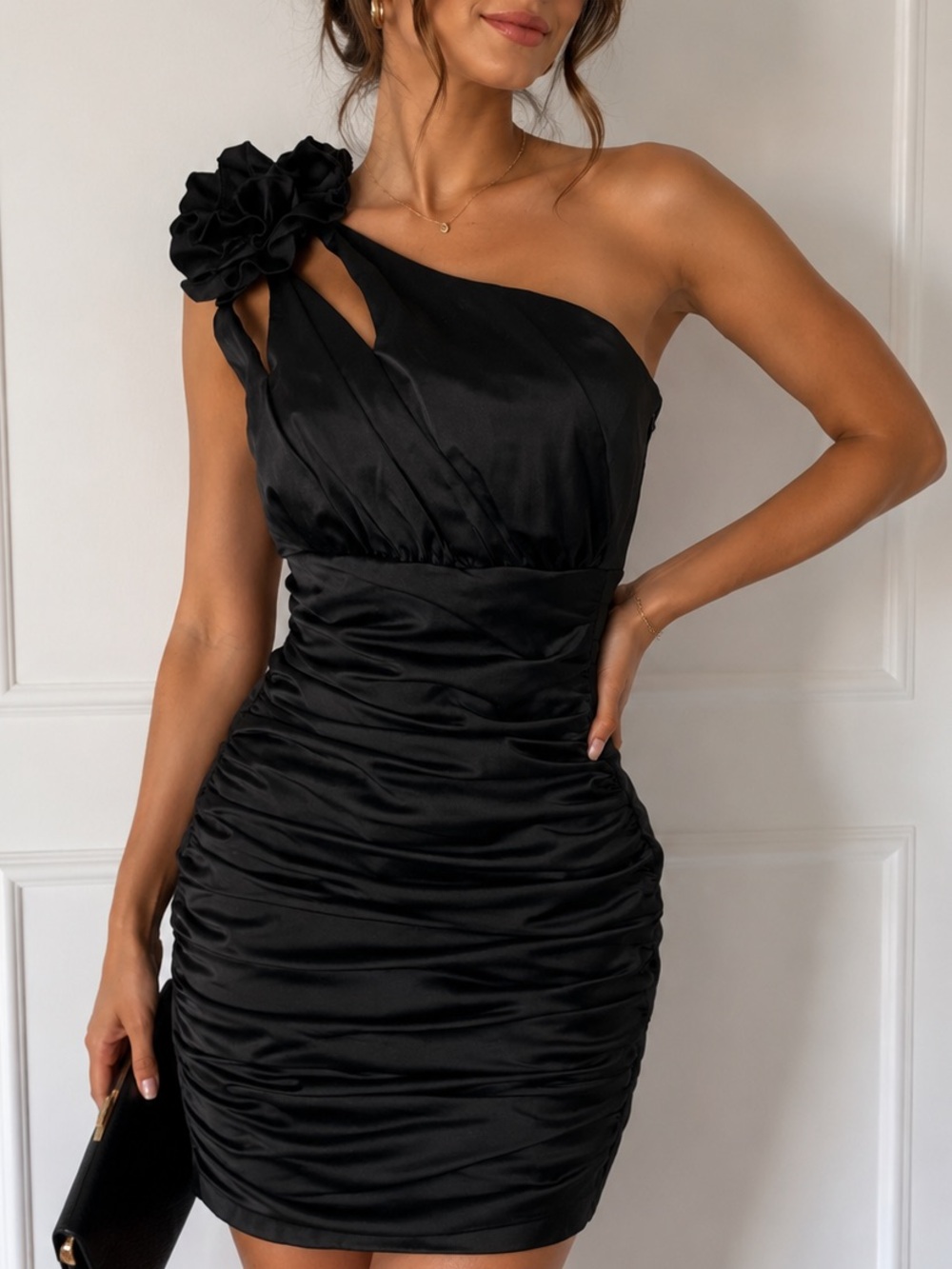 Jessica McClintock Gunne Sax One Shoulder Black Ruched Cocktail Dress 9